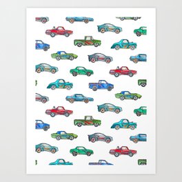 Little Toy Cars in Watercolor on White Art Print