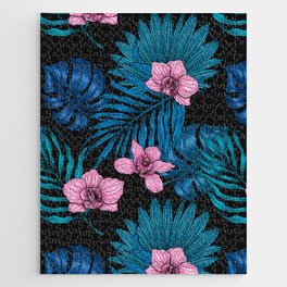 Orchids and palm leaves, pink and blue Jigsaw Puzzle
