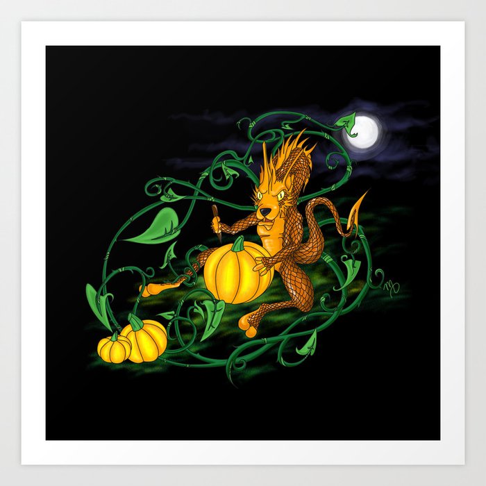 Halloween - Little Dragon Carving a Pumpkin Art Print