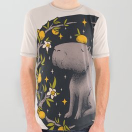 Capybara 2 Cottagecore Aesthetic Chilling With Orange on Head | Goblincore Capy Yuzu Citrus Fruit Blossom Flowers Meditating - Dreamcore Fairytale Mycology Fungi Shrooms Forager Foraging All Over Graphic Tee