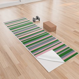 [ Thumbnail: Light Pink, Slate Gray & Dark Green Colored Pattern of Stripes Yoga Towel ]