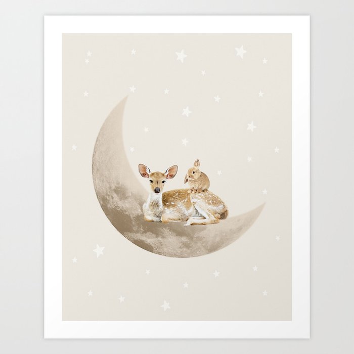Deer and rabbit on the moon Art Print