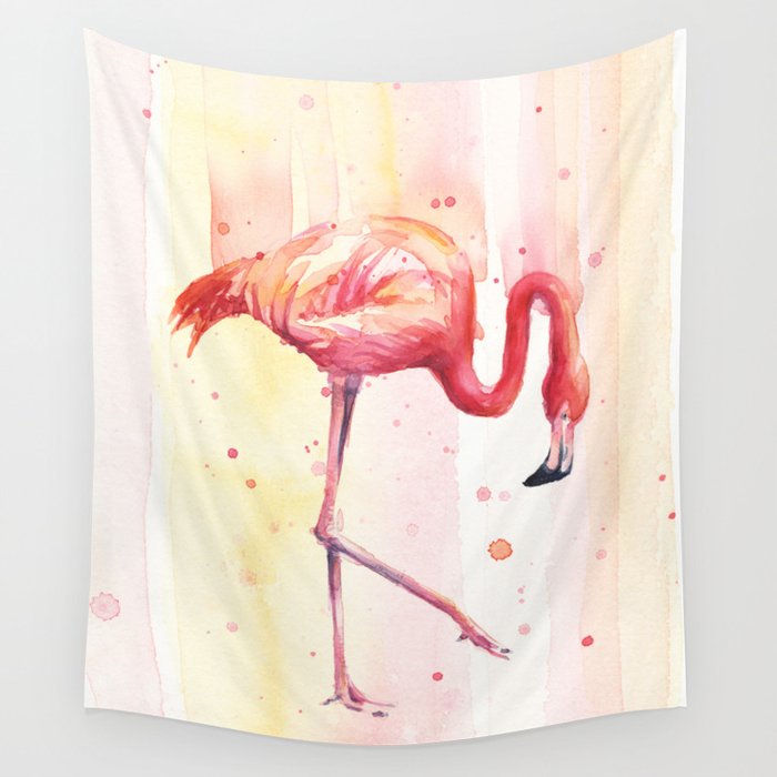 Pink Flamingo Rain | Facing Right Wall Tapestry