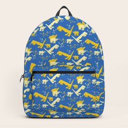Bisons, hunters and dinosaurs - Yellow and Blue Backpack
