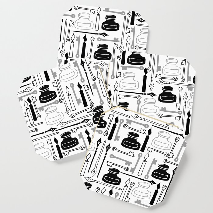 Writer pattern - pens and ink - black on white Coaster