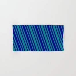 [ Thumbnail: Dark Blue and Dark Cyan Colored Lined/Striped Pattern Hand & Bath Towel ]