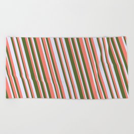 [ Thumbnail: Salmon, Dark Olive Green & Lavender Colored Lines Pattern Beach Towel ]