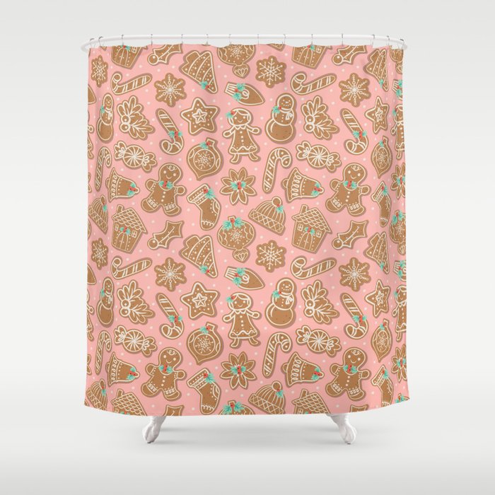 Gingerbread Cookies Pink Shower Curtain