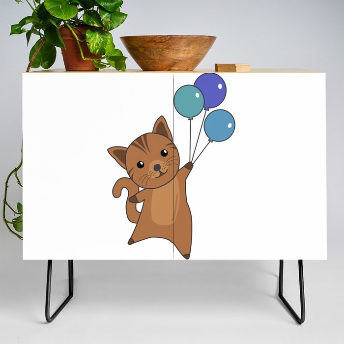 Cat Flies Up With Colorful Balloons Credenza
