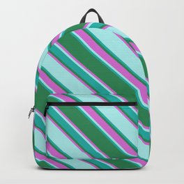 [ Thumbnail: Sea Green, Orchid, Turquoise & Light Sea Green Colored Lined Pattern Backpack ]