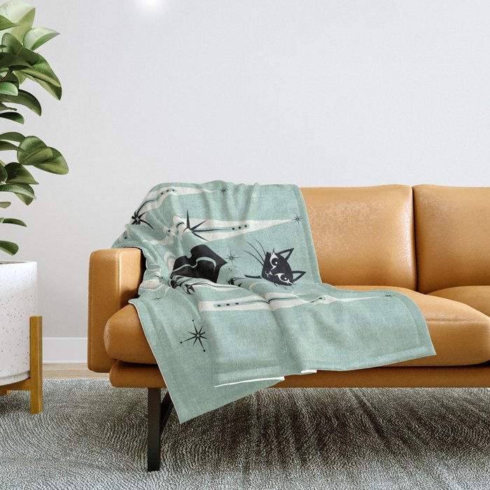 Mid Century Meow Retro Atomic Cats Mint Throw Blanket