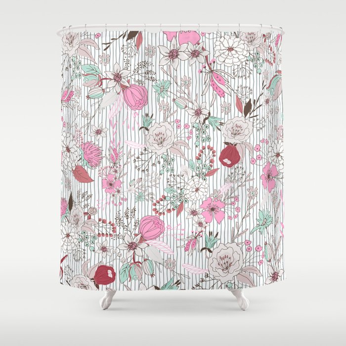 Mauve Pink Pastel Green Rustic Fl Gray Stripes Shower Curtain By Mauve Pink Pastel Green Rustic Fl Gray Stripes Shower Curtain
