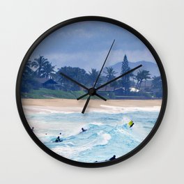 Surfers in Strong Waves at OAHU West Shore - HAWAII Wall Clock