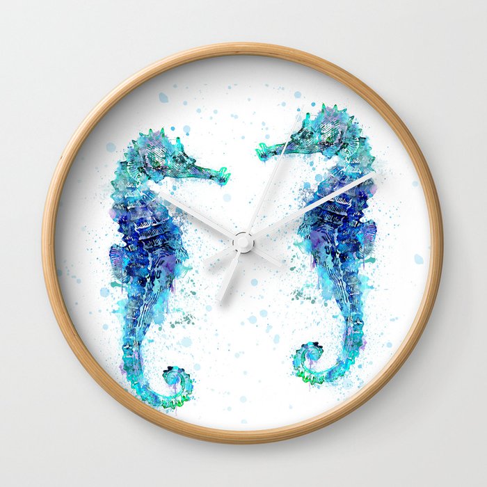 Blue Turquoise Watercolor Seahorse Wall Clock