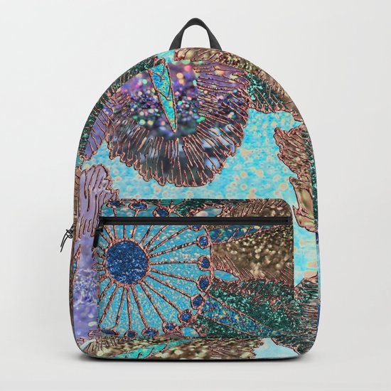 Aqua Green Brown and Blue Faux Glitter Flowers on #Society6 Backpack