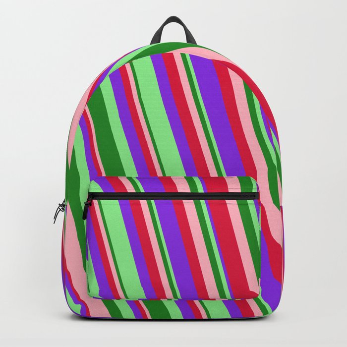Eye-catching Light Pink, Crimson, Purple, Light Green, and Forest Green Colored Stripes Pattern Backpack