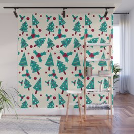 Christmas Pattern Turquoise Red Mistletoe Tree Wall Mural