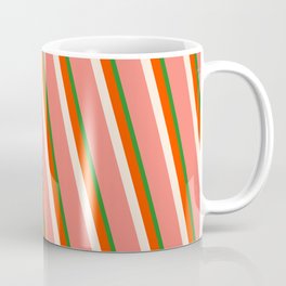[ Thumbnail: Forest Green, Red, Beige, and Salmon Colored Lined/Striped Pattern Coffee Mug ]