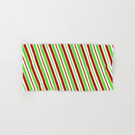 [ Thumbnail: Festive, Christmas-Style Red, White, and Green Colored Stripes/Lines Pattern Hand & Bath Towel ]