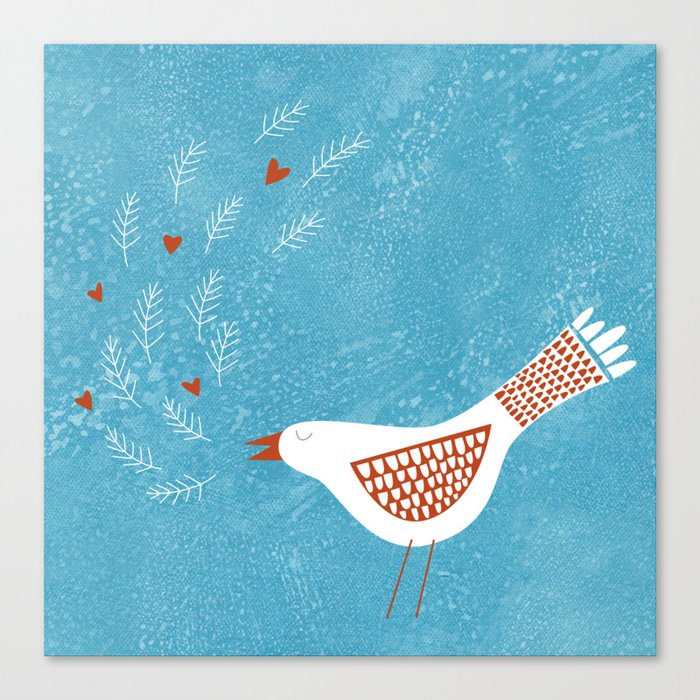 Scandinavian Bird with Hearts Canvas Print