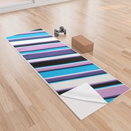 [ Thumbnail: Eye-catching Plum, Dark Slate Blue, Black, Deep Sky Blue & White Colored Lined/Striped Pattern Yoga Towel ]