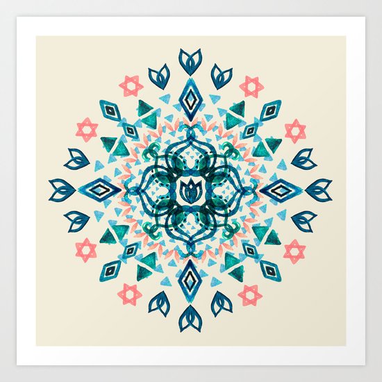 Watercolor Lotus Mandala in Teal & Salmon Pink Art Print