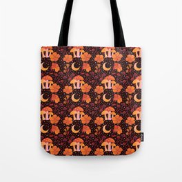 Fall Mushrooms and Hibiscus Floral Nights Pattern Tote Bag