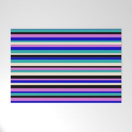 [ Thumbnail: Vibrant Orchid, Blue, Light Sea Green, Beige, and Black Colored Lines Pattern Welcome Mat ]