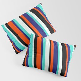 [ Thumbnail: Vibrant Mint Cream, Turquoise, Midnight Blue, Red & Black Colored Lines/Stripes Pattern Pillow Sham ]