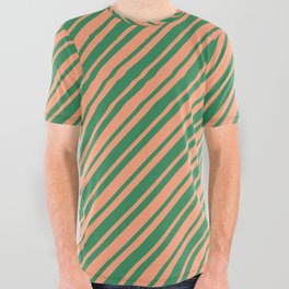 [ Thumbnail: Sea Green and Light Salmon Colored Striped/Lined Pattern All Over Graphic Tee ]