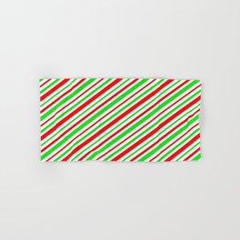[ Thumbnail: Christmas-Style Green, White & Red Colored Lines/Stripes Pattern Hand & Bath Towel ]