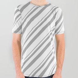 [ Thumbnail: Dark Gray & White Colored Lined Pattern All Over Graphic Tee ]