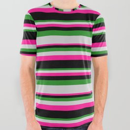 [ Thumbnail: Forest Green, Light Gray, Deep Pink, and Black Colored Stripes Pattern All Over Graphic Tee ]