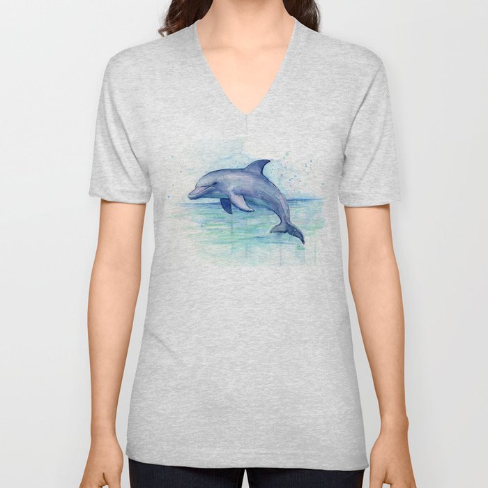 Dolphin Watercolor Sea Creature Animal V Neck T Shirt