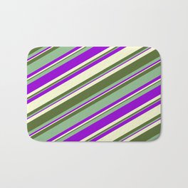 [ Thumbnail: Dark Sea Green, Dark Violet, Light Yellow & Dark Olive Green Colored Stripes Pattern Bath Mat ]