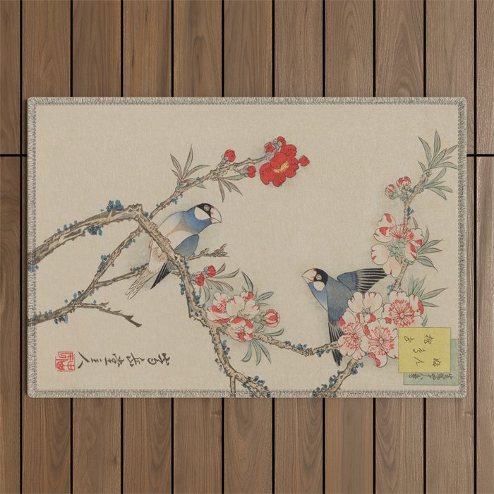 Japanese Woodblock art Bird and Flowers Sho Utsushi Shiju-hachi Taka  Outdoor Rug
