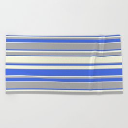 [ Thumbnail: Beige, Dark Grey & Royal Blue Colored Pattern of Stripes Beach Towel ]