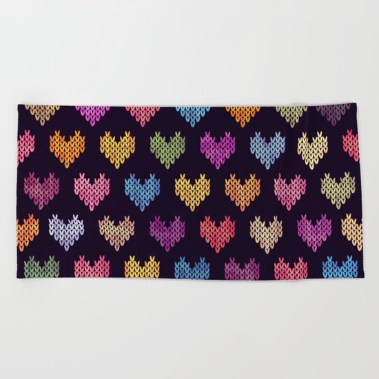 Colorful Knitted Hearts III Beach Towel