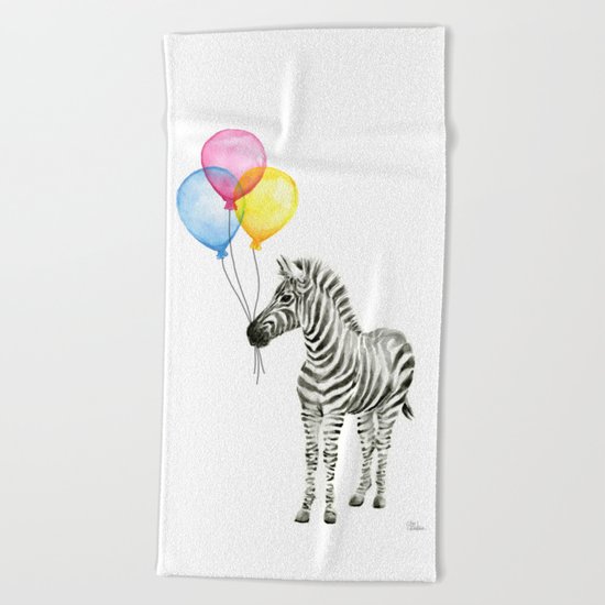 Zebra with Balloons Watercolor Baby Animals Beach Towel