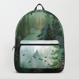 Mountain Morning 2 Backpack | Landscape, Tree, Forest, Wonderlust, Birds, Curated, Sun, Watercolor, Mountain, Painting 