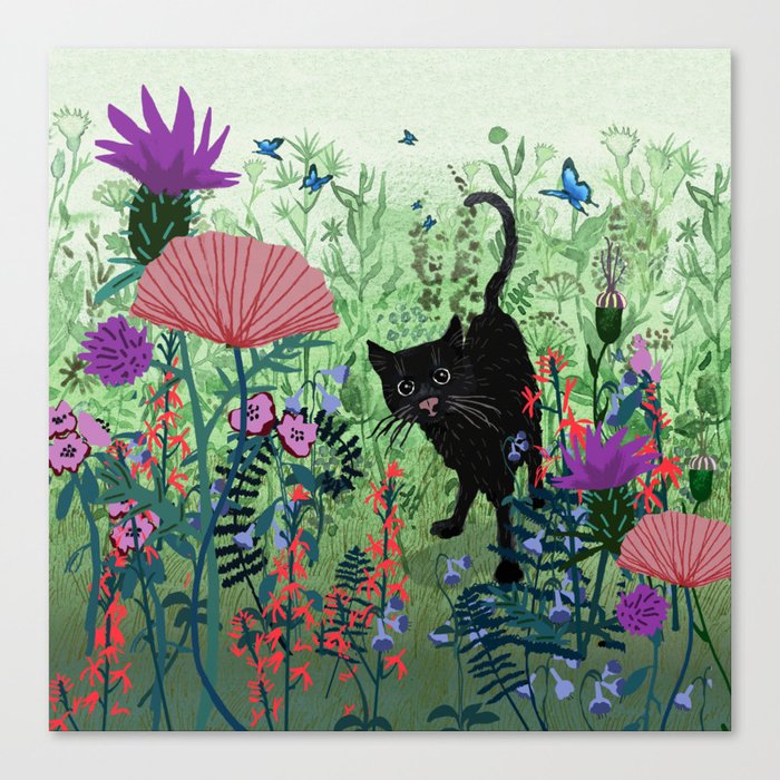 Black Cat in Garden Canvas Print