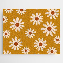 70s Hand Drawn Flower Power Daisies Florals in Yellow, Cream & Brown Jigsaw Puzzle