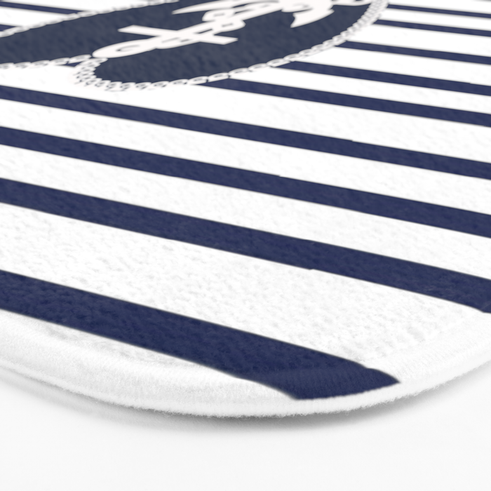 blue and white striped bath mat