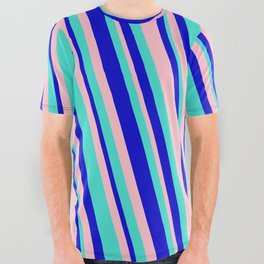 [ Thumbnail: Turquoise, Blue, and Pink Colored Lined/Striped Pattern All Over Graphic Tee ]