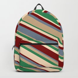 [ Thumbnail: Vibrant Light Slate Gray, Tan, Sea Green, Bisque, and Maroon Colored Lines Pattern Backpack ]