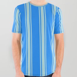 [ Thumbnail: Blue & Powder Blue Colored Lines/Stripes Pattern All Over Graphic Tee ]