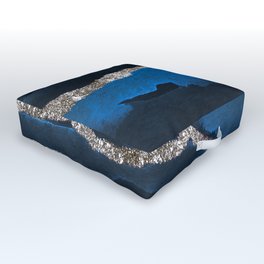 Watercolor Navy Blue And Silver Glitter Liquid Marble Abstract Pattern Outdoor Floor Cushion