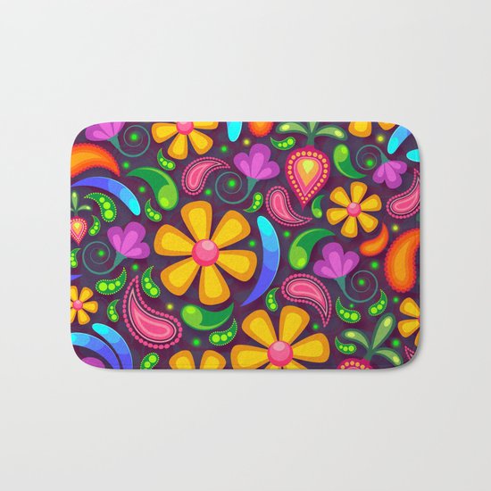 Brightly Colored Yellow Floral Pattern Bath Mat