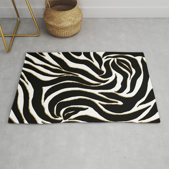 Elegant Black Gold Zebra White Animal Print Rug