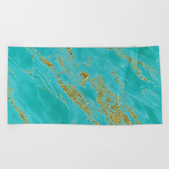 Luxury and glamorous gold glitter on aqua Sea marble on #Society6 Beach Towel